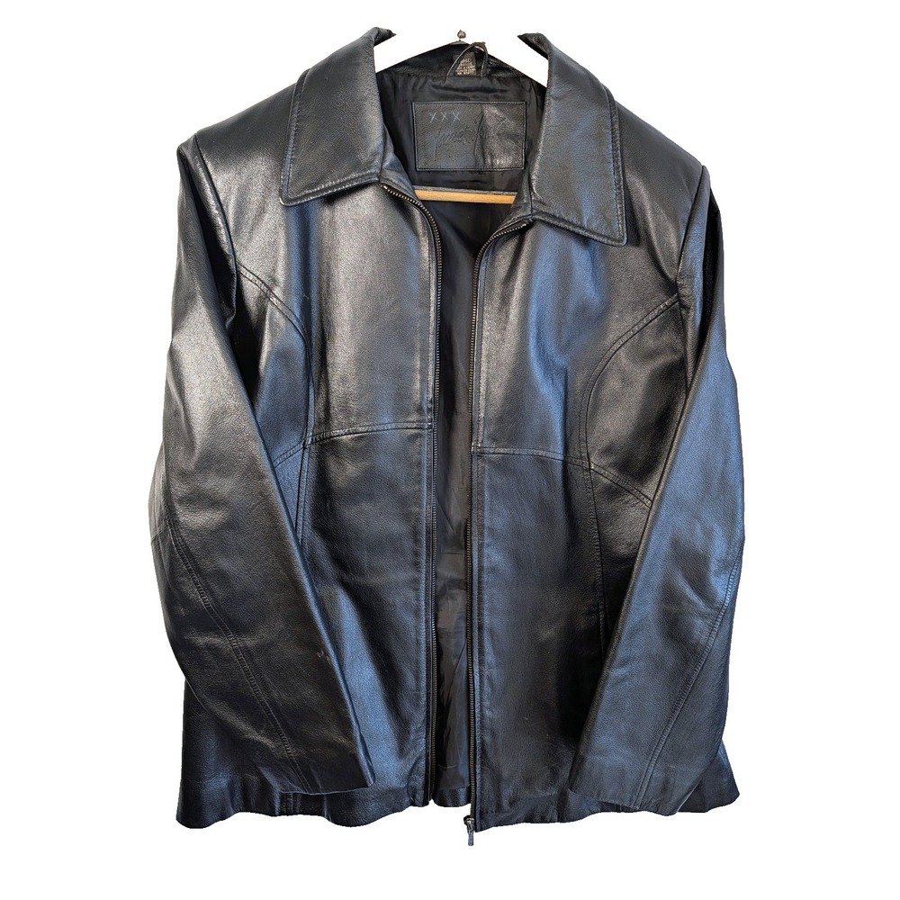 Vintage Jacqueline Ferrari Black Leather Jacket Size Large Y2K Biker Womens